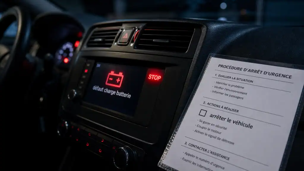Défaut charge batterie : arrêtez le véhicule (STOP batterie rouge)