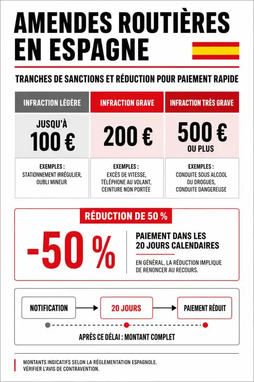 Infographie des amendes en Espagne pour un français : barèmes et réduction de 50%