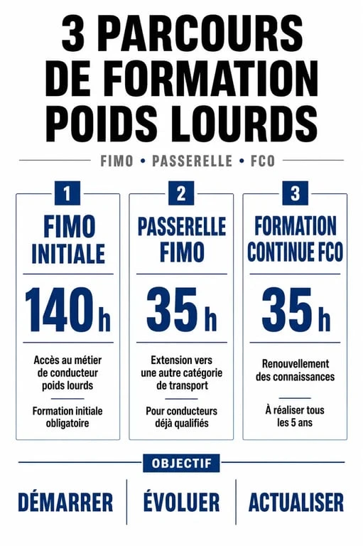 Infographie comparative des formations poids lourd : FIMO, Passerelle et FCO pour le permis poids lourd
