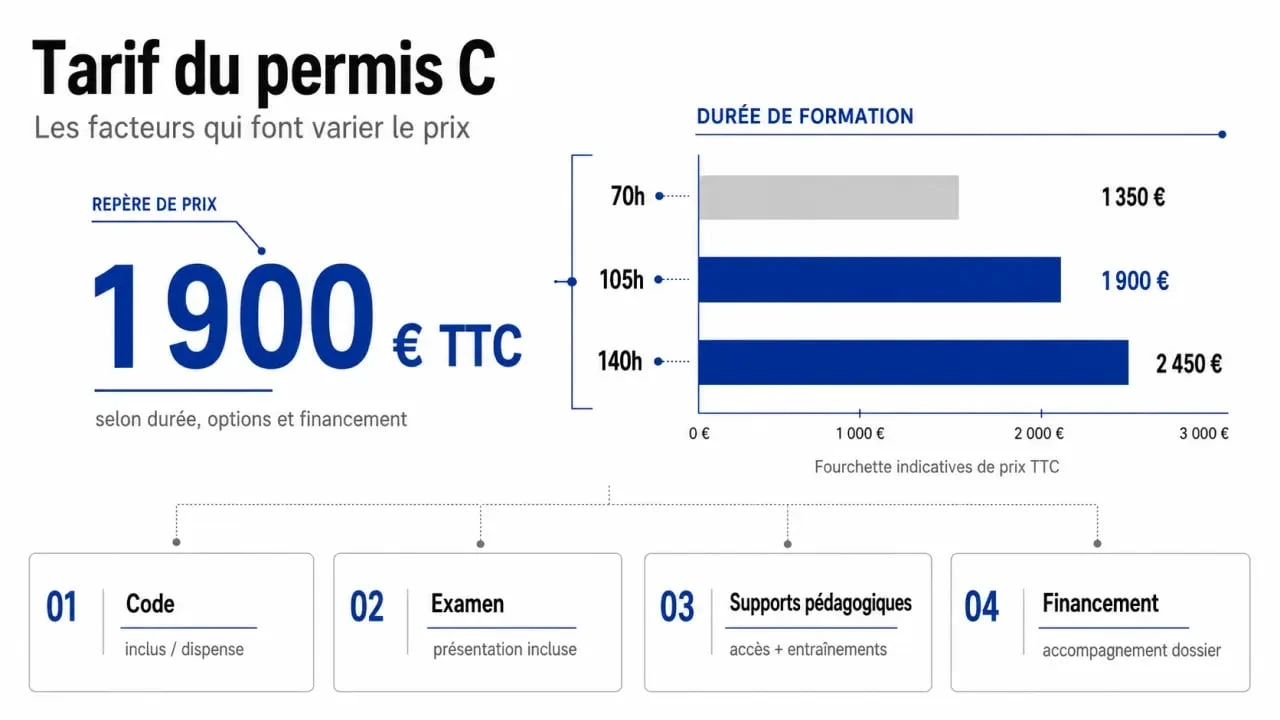 Tarif permis C : comparatif visuel des prix, durées et services inclus