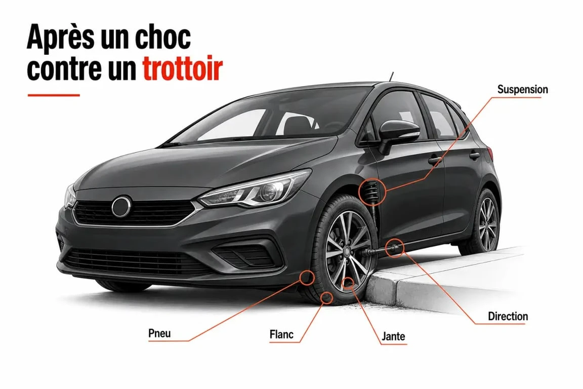 Symptôme voiture qui a pris un trottoir : roue, pneu et jante à vérifier après le choc