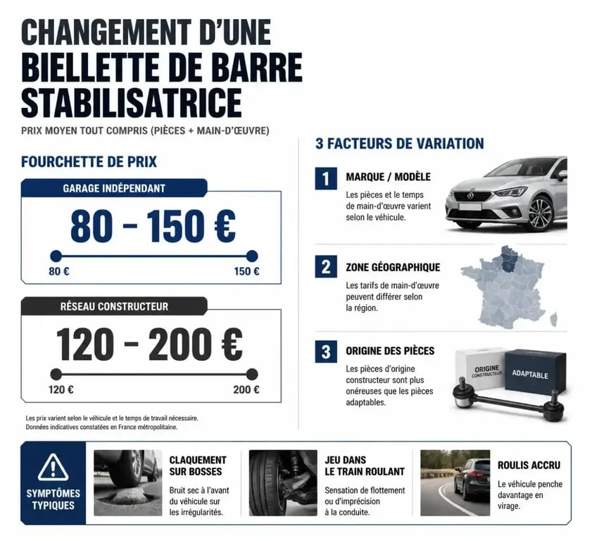 Infographie sur le tarif changement biellette de barre stabilisatrice avec prix moyens et facteurs de variation