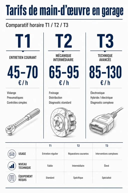 Infographie sur le tarif main d'oeuvre garage T1 T2 T3 avec comparaison des niveaux et des prix horaires