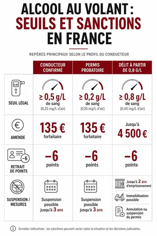 Tableau sanction alcool au volant en France avec seuils d’alcoolémie et sanctions selon le profil du conducteur