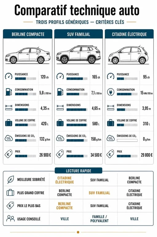 Comparateur de voiture fiche technique sous forme d’infographie comparative avec trois voitures et leurs critères techniques