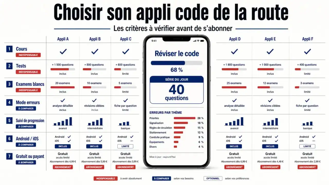 Meilleur application code de la route : comparaison visuelle des critères essentiels sur mobile
