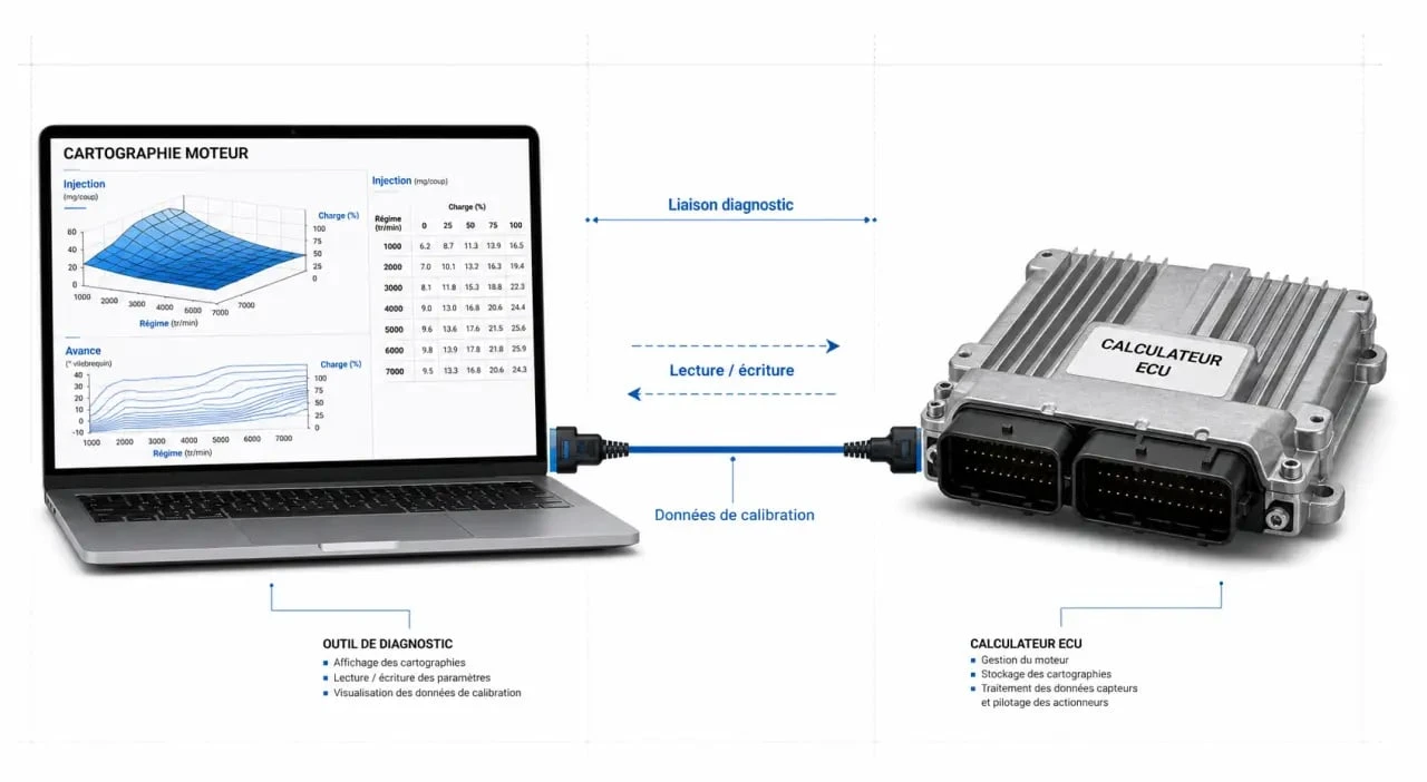 Schéma de fonctionnement d'un logiciel de reprogrammation moteur connecté à un calculateur automobile