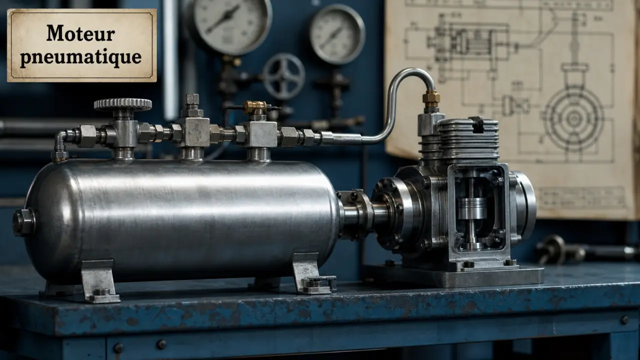 Moteur à air comprimé : réservoir et moteur pneumatique à piston sur établi.