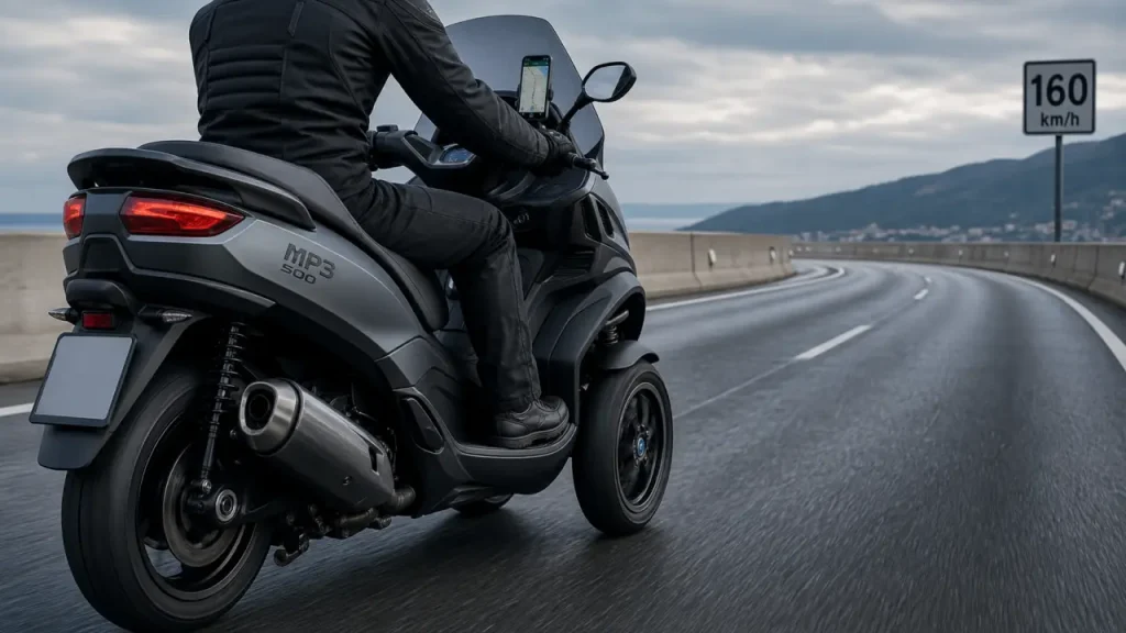 Piaggio MP3 500 vitesse max : 160 km/h annoncés, 150 à 160 km/h en usage réel