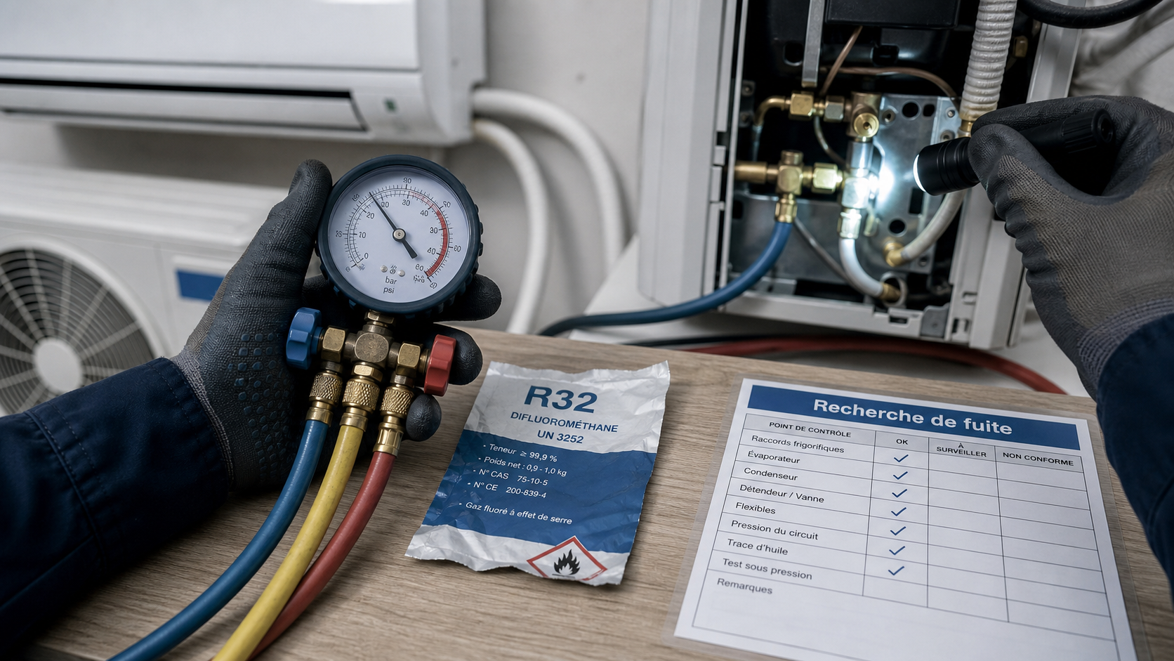 Recharger une clim en gaz : technicien contrôle pression et recherche fuite