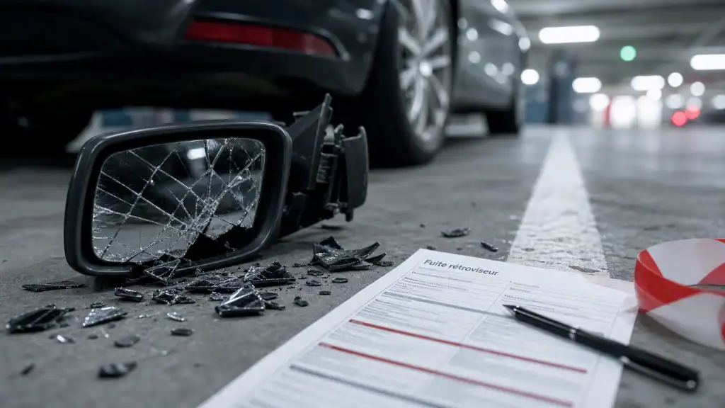 Rétroviseur cassé délit fuite, constat au sol sur parking