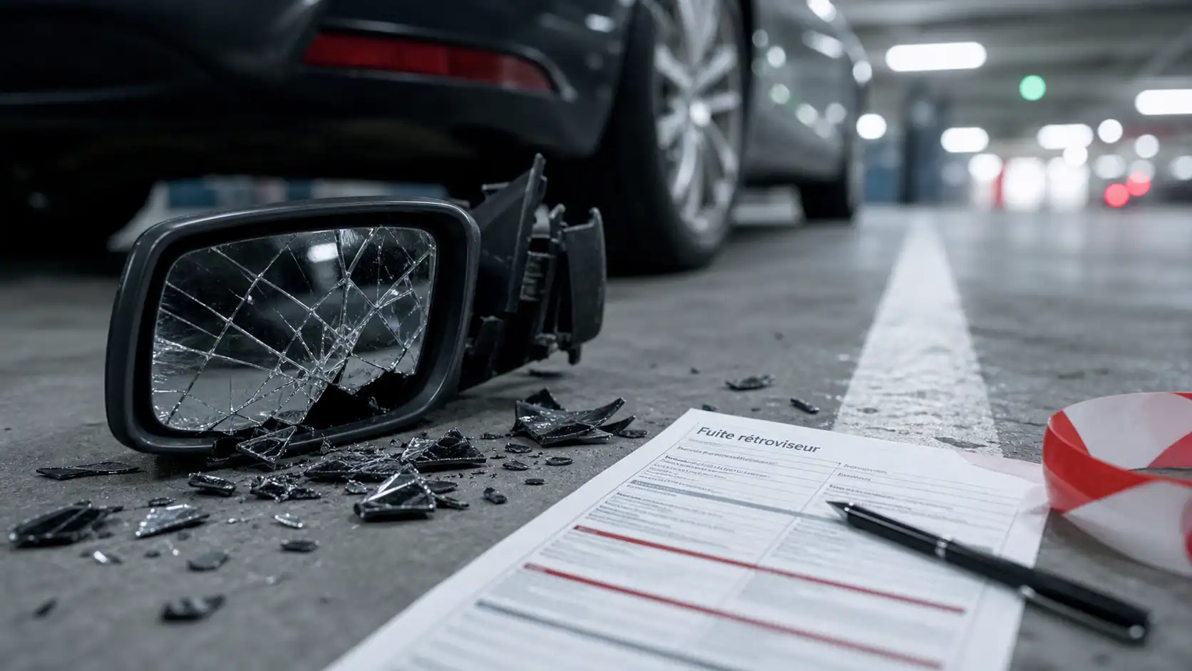 Rétroviseur cassé délit fuite, constat au sol sur parking