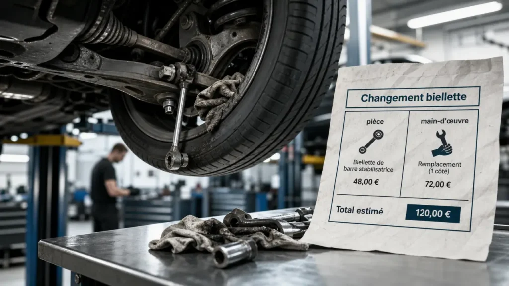 Tarif changement biellette de barre stabilisatrice : 80 à 200 € selon le garage