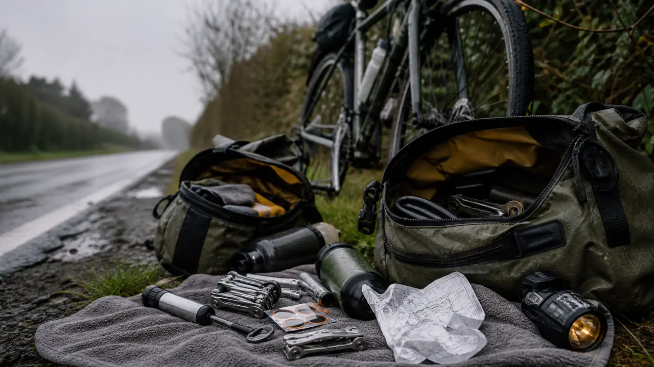 Accessoires cyclotourisme : kit autonomie vélo de voyage sur le côté de route humide