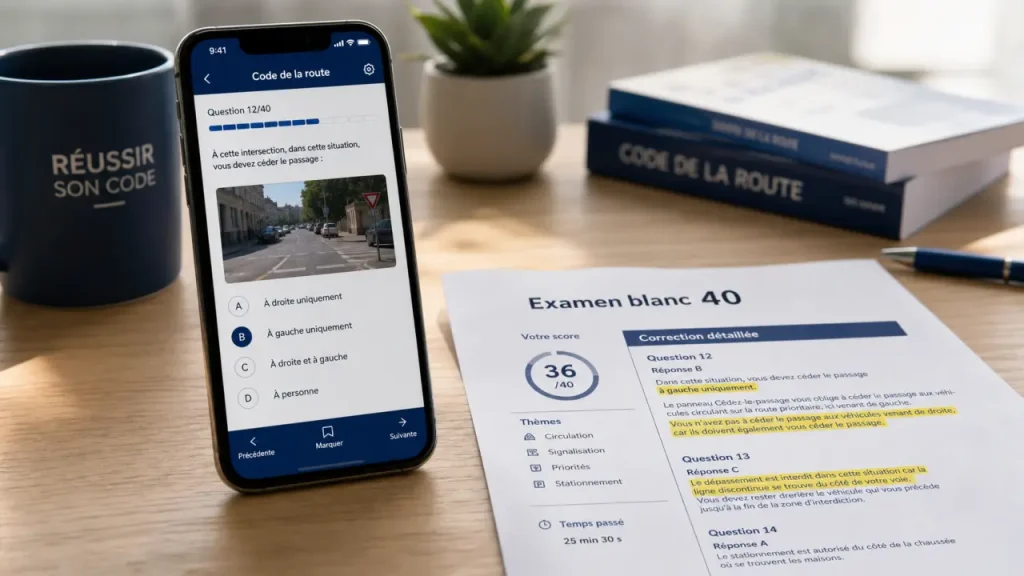 Appli code de la route efficace : cours, examens blancs et suivi des erreurs