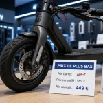 Bon plan trottinette electrique en magasin : étiquette prix barré et prix remisé