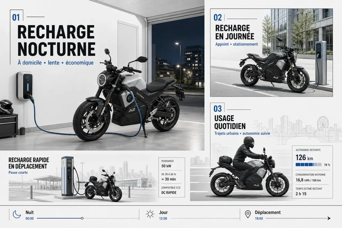Recharge d'une moto électrique A2 à domicile et en charge rapide pour l'usage quotidien