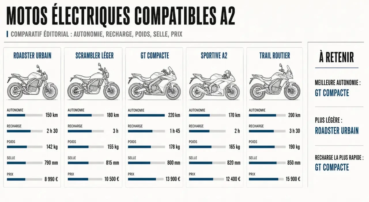 Comparatif moto électrique A2 avec autonomie, recharge, poids et prix des modèles clés