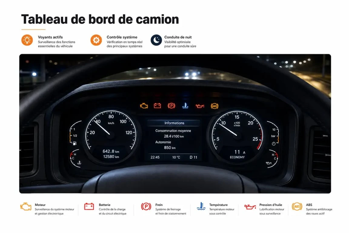 Signification voyant tableau de bord poids lourds sur un camion moderne avec alertes allumées