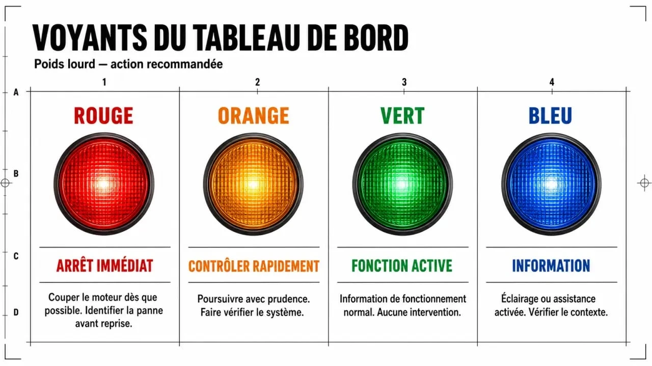 Signification voyant tableau de bord poids lourds : repères couleur rouge, orange, vert et bleu