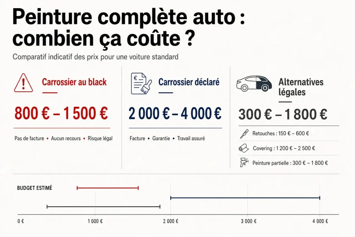Carrossier au black prix : comparatif visuel des tarifs d'une peinture complète de voiture