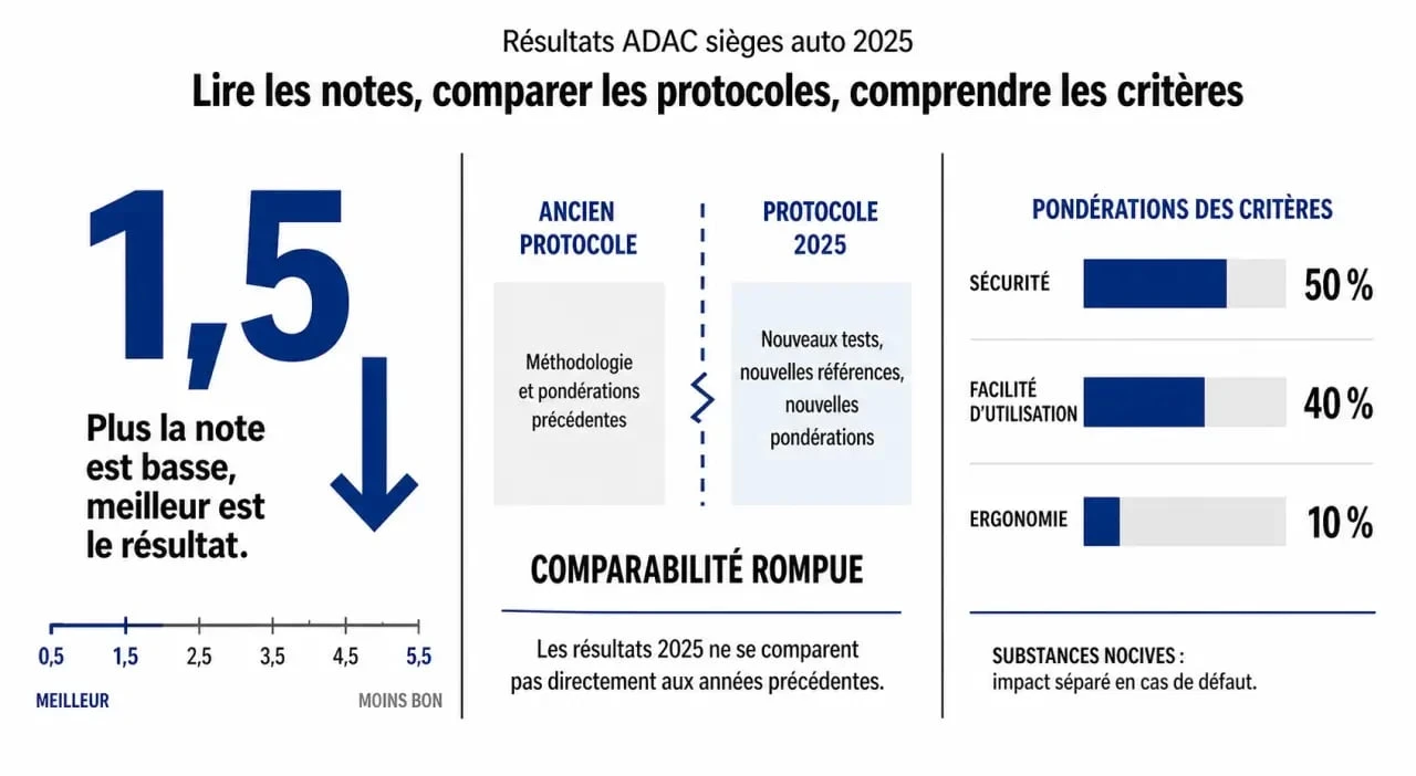 adac siège auto 2025 : lecture des notes, changement de protocole et repères de sécurité