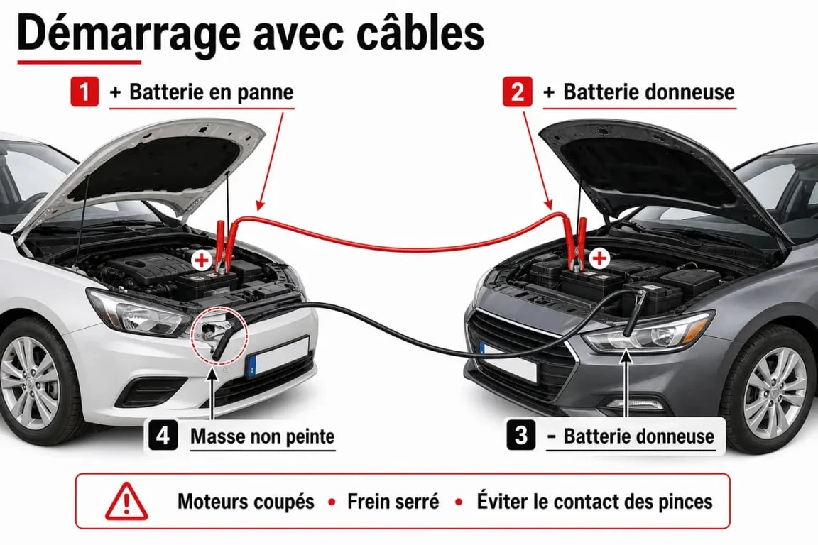 Démarrer une voiture avec des cables : branchement correct des pinces rouge et noire sur deux batteries de voiture