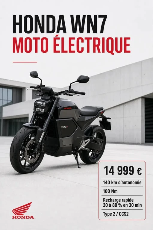 Moto Honda électrique WN7 avec ses chiffres clés 14 999 €, 140 km et recharge rapide