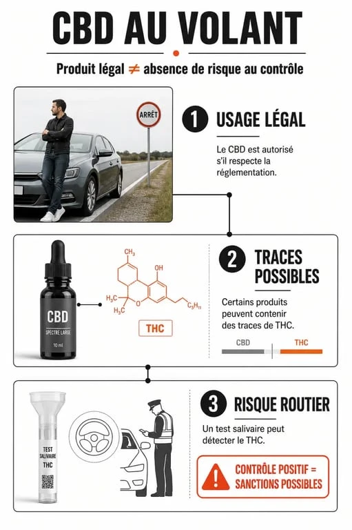 CBD au volant : illustration éditoriale sur le risque de THC et de test salivaire