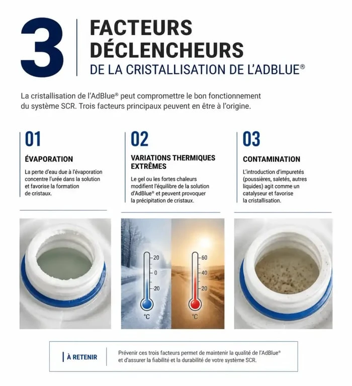 Infographie des facteurs favorisant la cristallisation de l'AdBlue