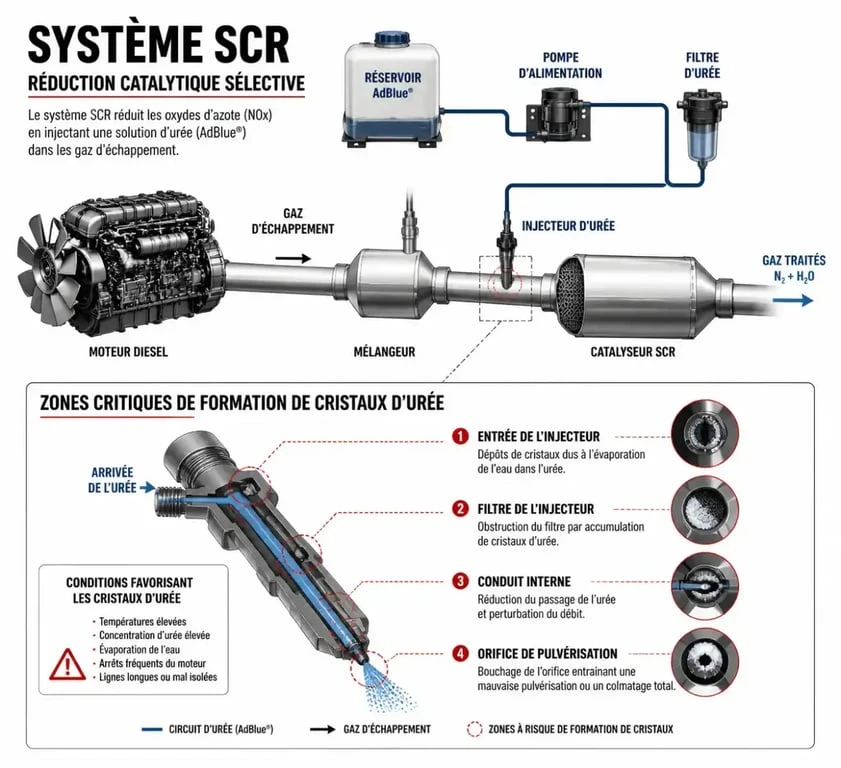 Schéma du système SCR montrant les zones de cristallisation de l'AdBlue