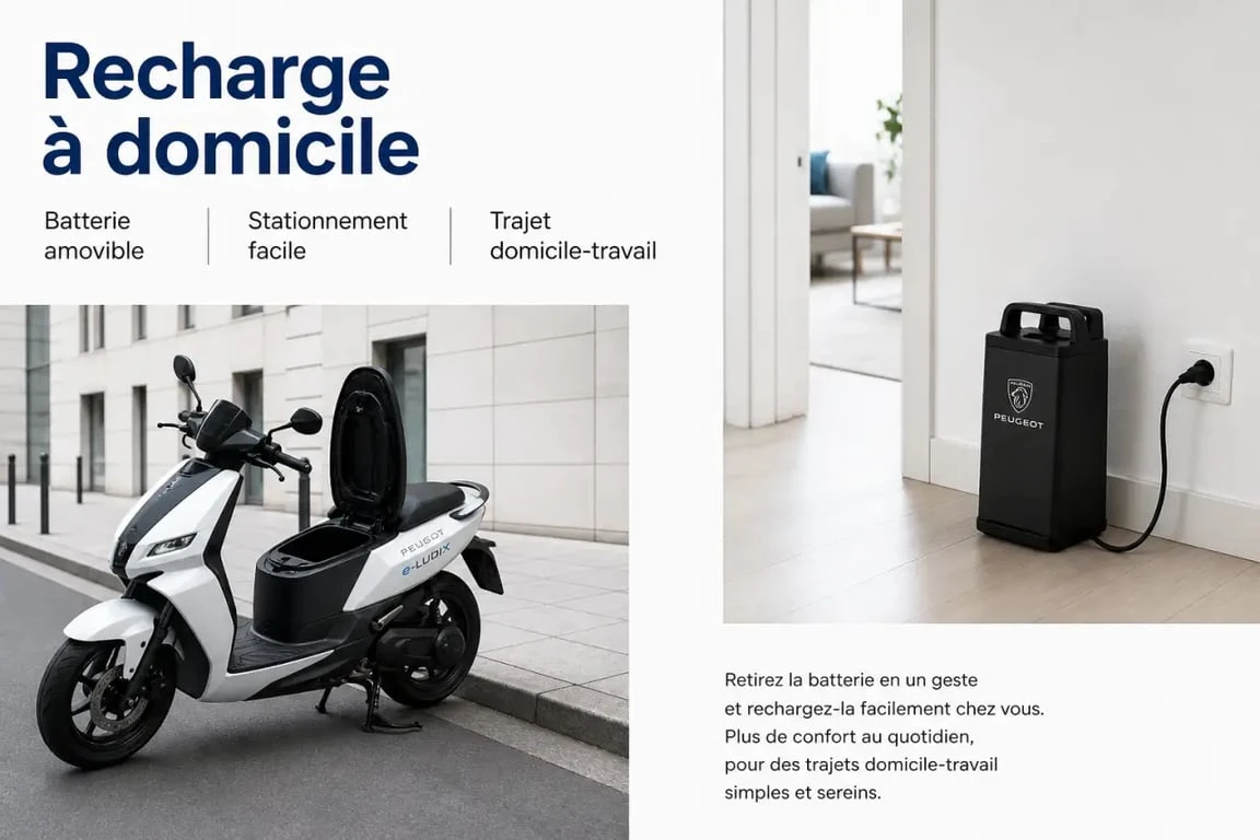 Scooter Peugeot électrique en recharge à domicile avec batterie amovible