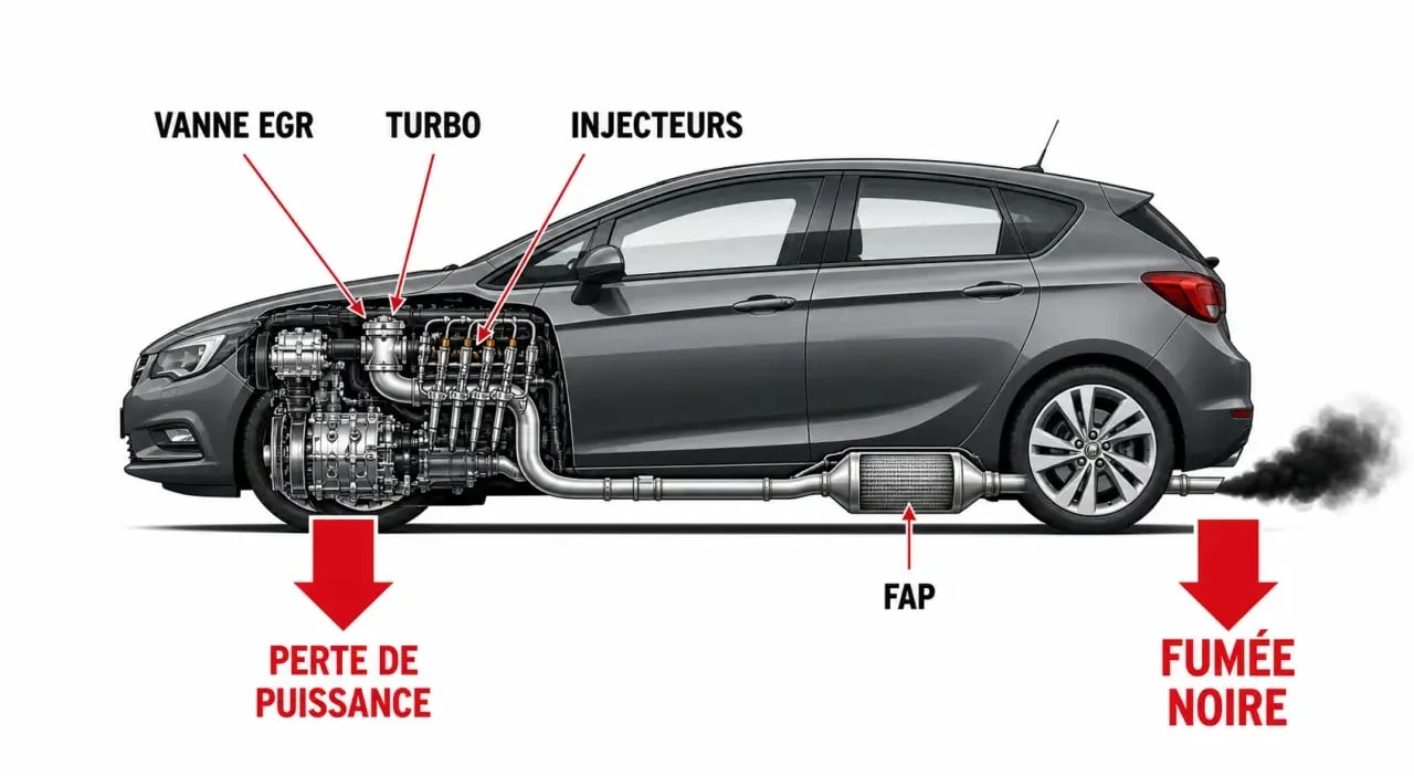 Opel Astra 1.7 CDTI problème : schéma visuel des causes fréquentes de perte de puissance, EGR, turbo, injecteurs et FAP