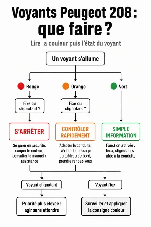 Tableau de bord peugeot 208 style : décision à prendre selon la couleur et le comportement du voyant