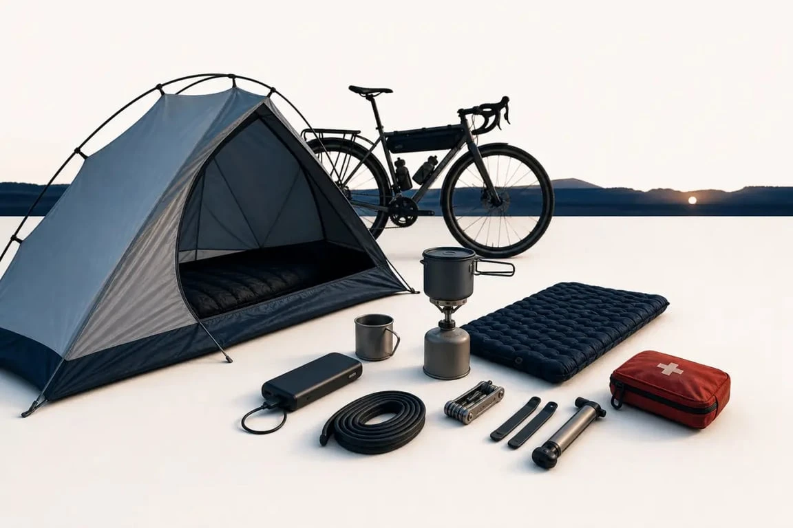 Accessoires cyclotourisme pour bivouac avec tente, réchaud et kit de réparation