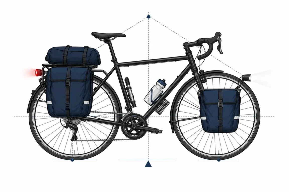 Accessoires cyclotourisme sur un vélo chargé avec sacoches et éclairage