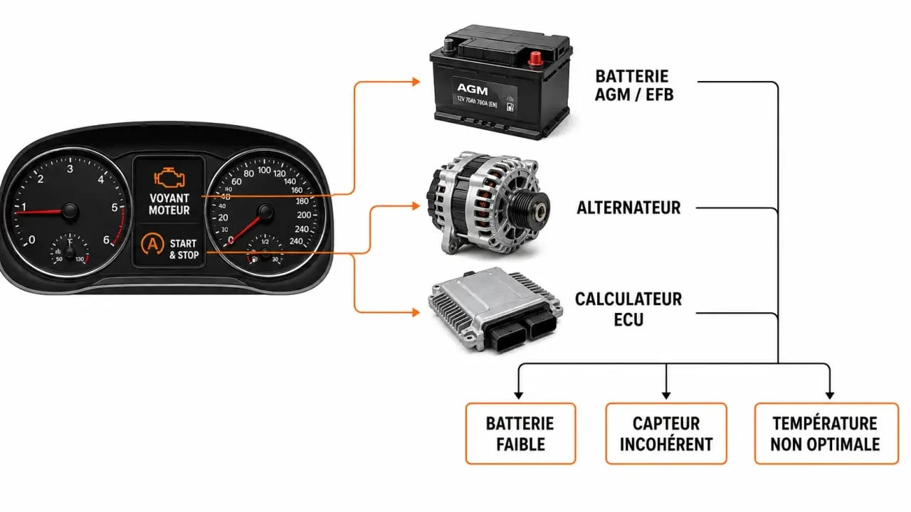 Défaut start and stop voyant moteur : schéma du tableau de bord, de la batterie et du calculateur expliquant les causes possibles