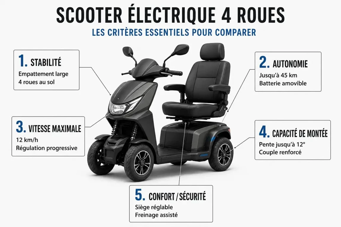 Scooter électrique 4 roues : infographie des critères de choix entre stabilité, autonomie et sécurité