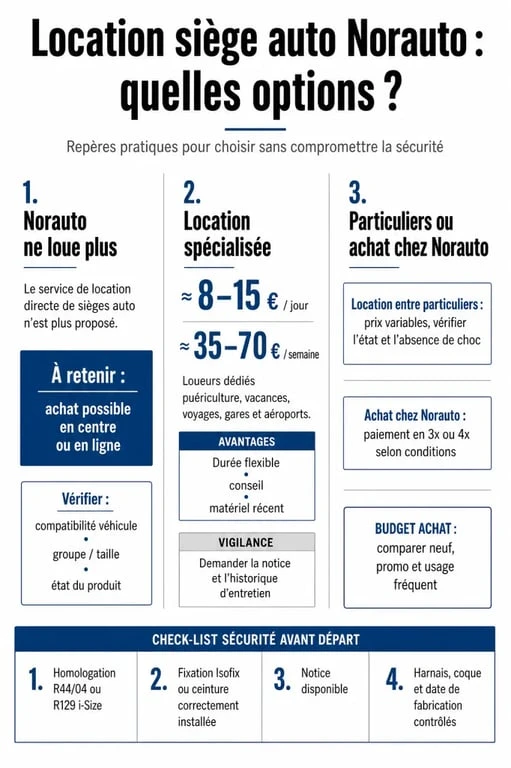 Location siège auto Norauto : comparaison des alternatives entre location spécialisée, particuliers et achat chez Norauto