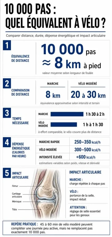 Équivalence vélo marche à pied : infographie comparative sur les pas, la durée, les calories et l’impact articulaire