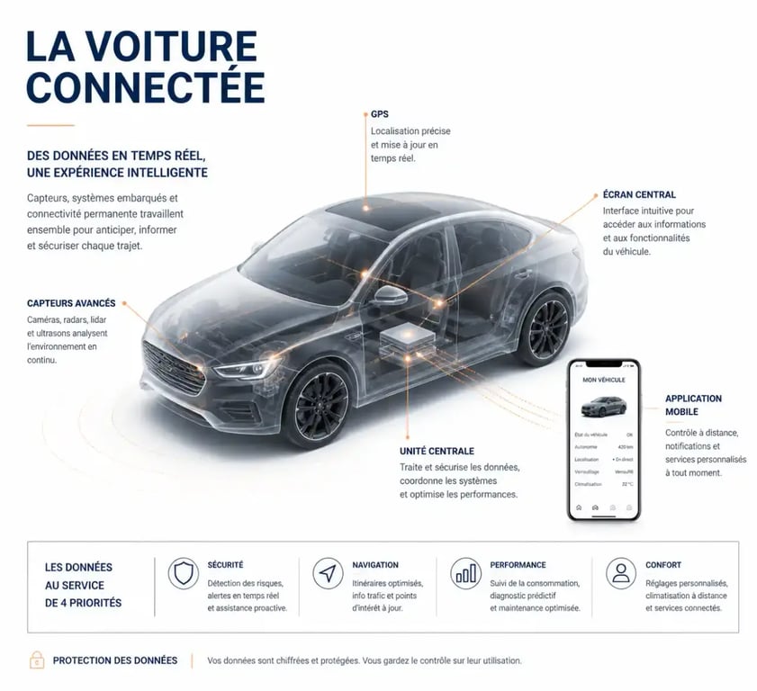 Infographie sur la collecte des données numériques d'un véhicule connecté moderne