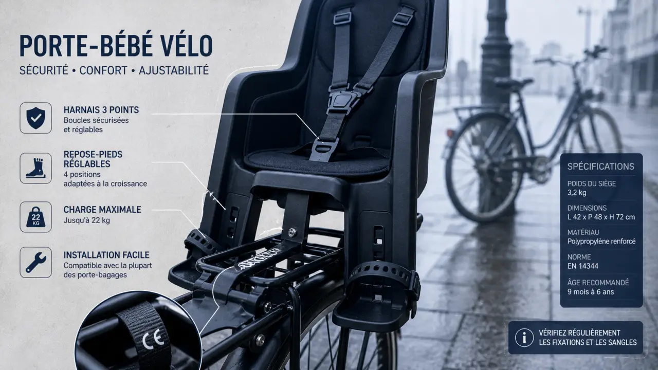 Porte bébé vélo arrière : vérifier les fixations, harnais et repose-pieds pour 9 mois et 22 kg