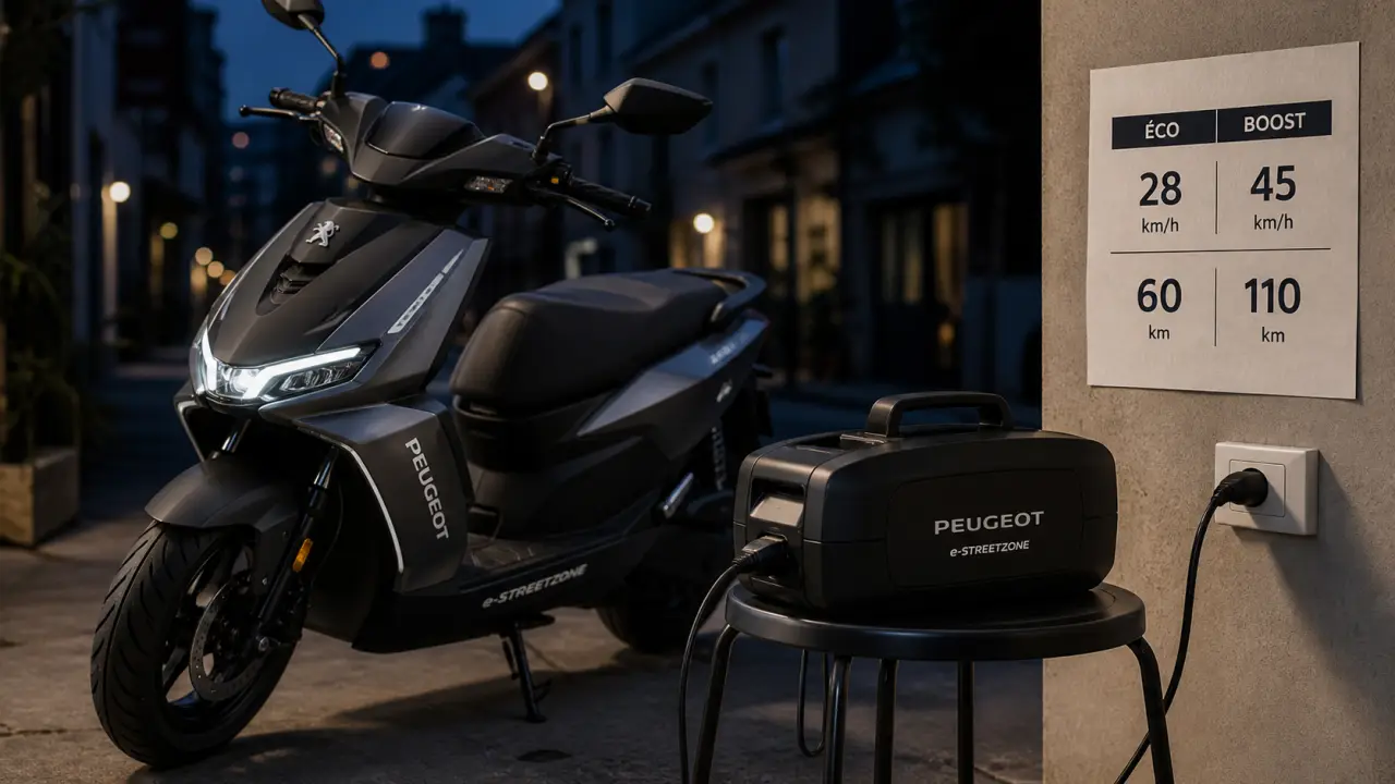Scooter peugeot électrique e-Streetzone : recharge à domicile et autonomie 60-110 km
