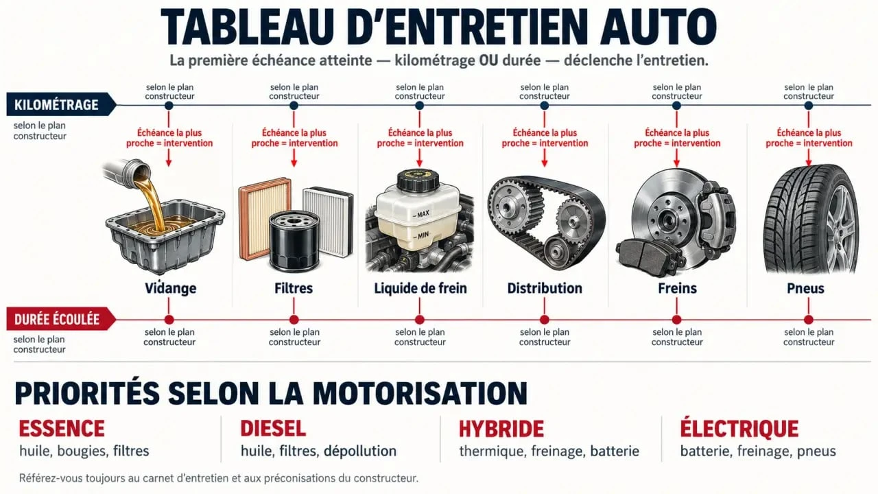 Infographie du tableau entretien voiture avec échéances par kilométrage, durée et motorisation