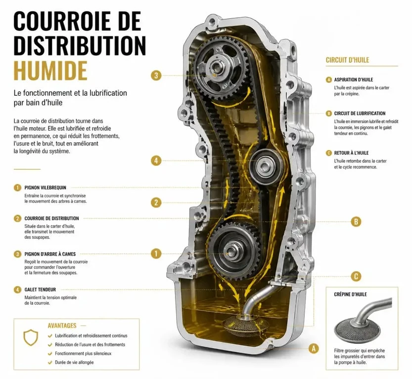 Schéma explicatif du fonctionnement de la courroie de distribution humide sur moteur 1.2 PureTech 82