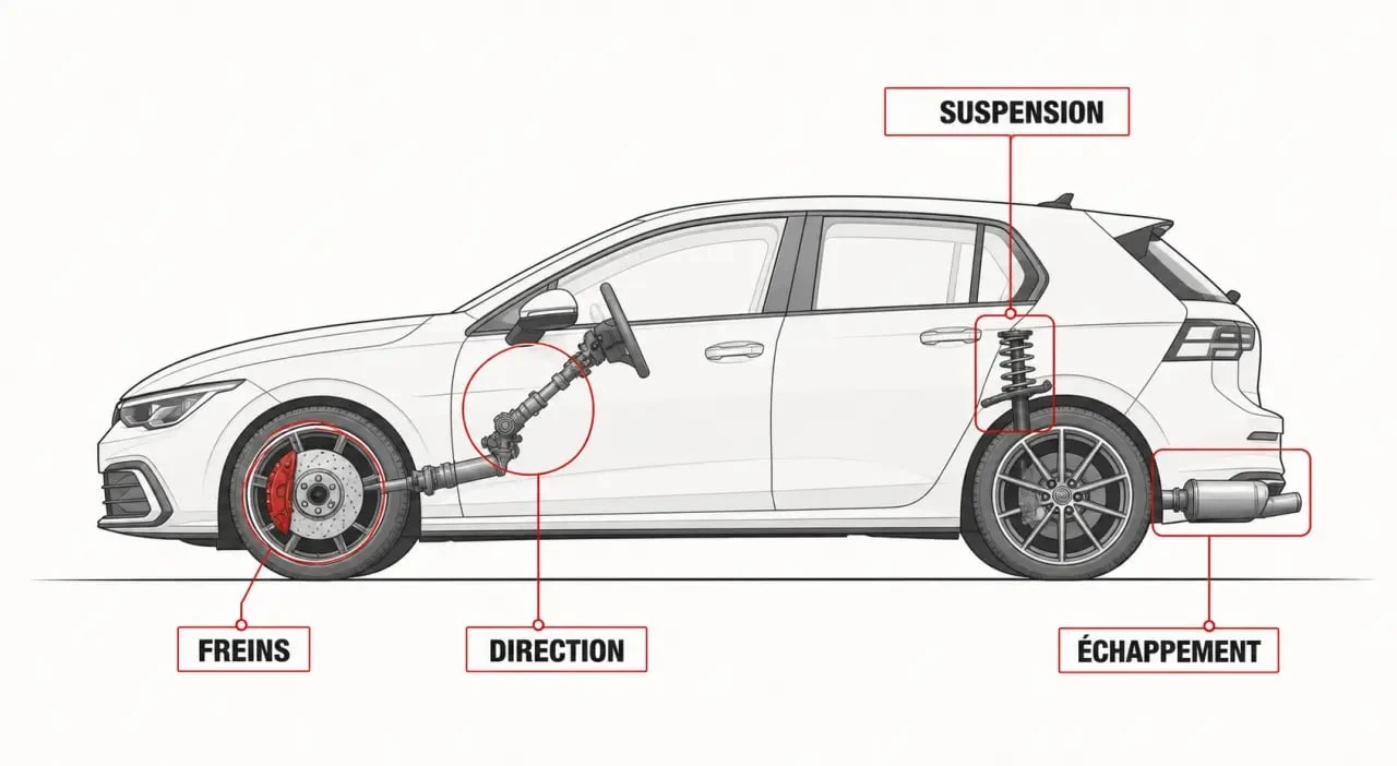 Bruit métallique voiture : schéma éditorial des zones à vérifier sur une voiture