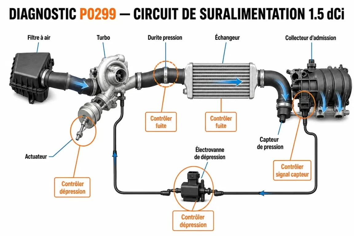 Schéma du P0299 Renault 1.5 dCi montrant le turbo, l’échangeur et les points de contrôle