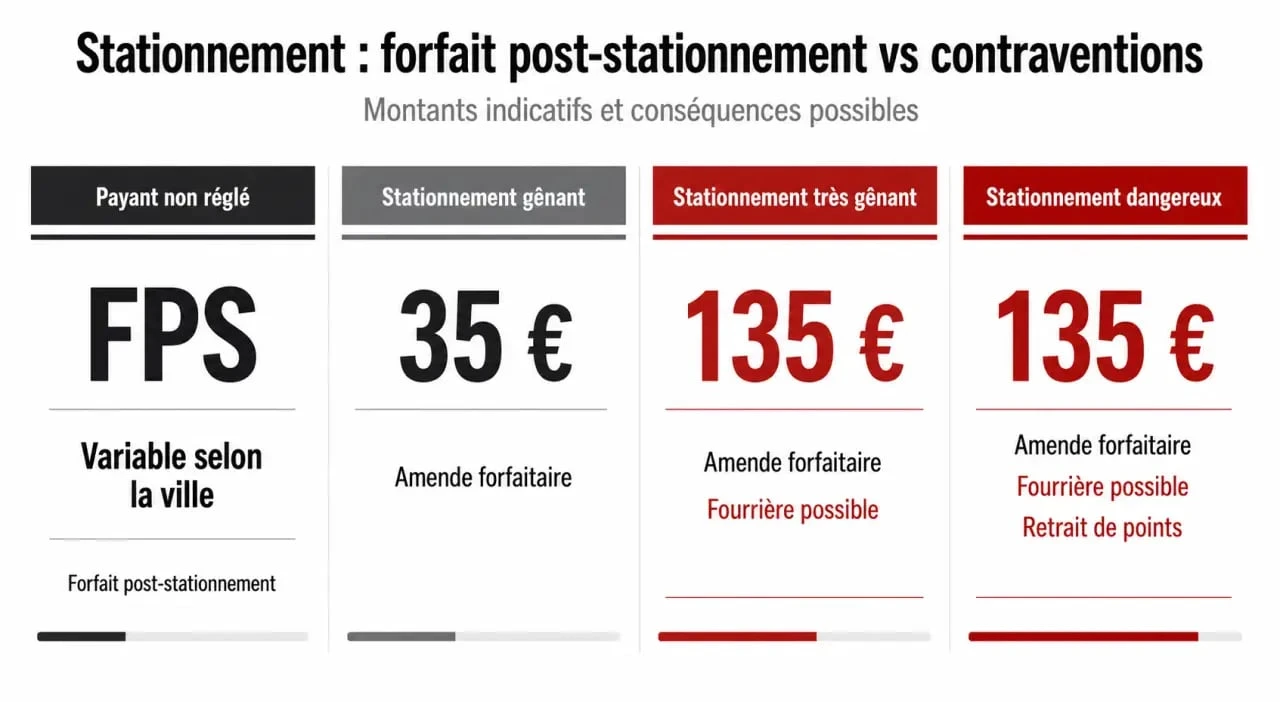 Prix d'une amende stationnement : comparatif visuel entre FPS, stationnement gênant, très gênant et dangereux