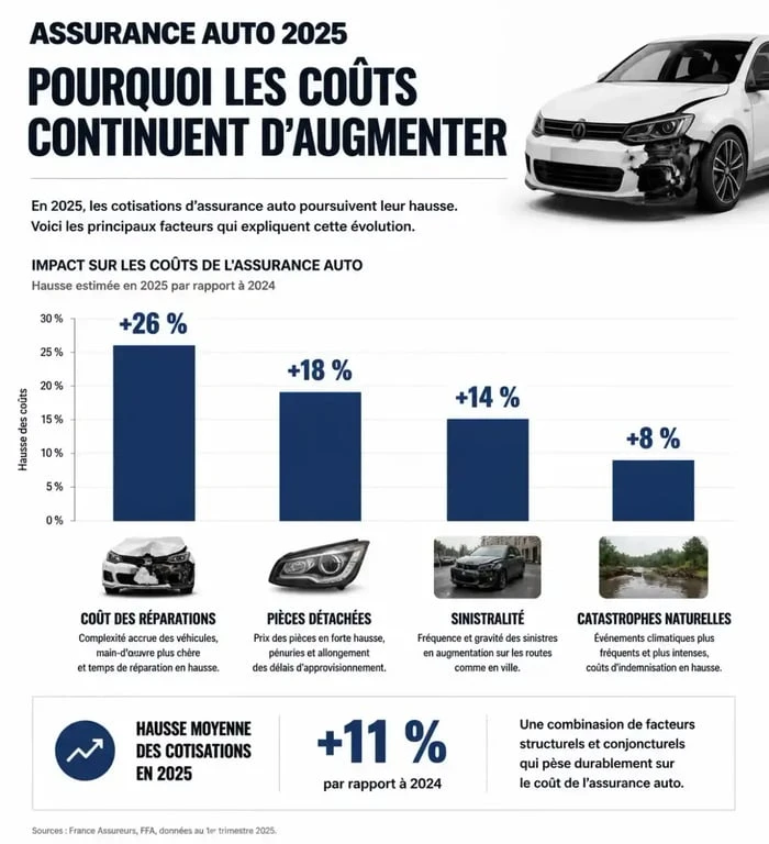 Infographie sur les causes de l'augmentation assurance auto 2025
