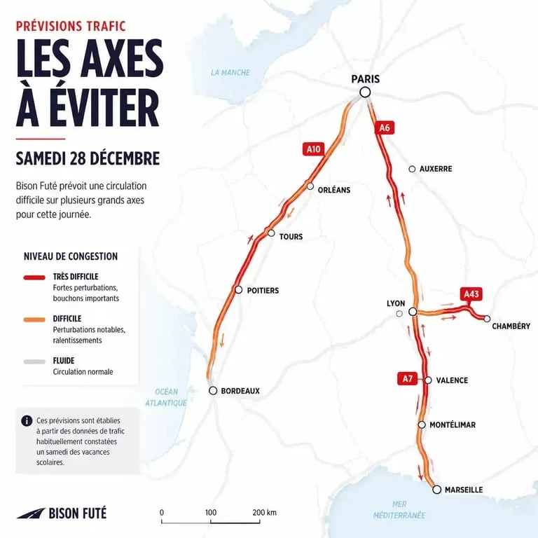 Carte des axes routiers sous haute surveillance Bison Futé 28 décembre 2024
